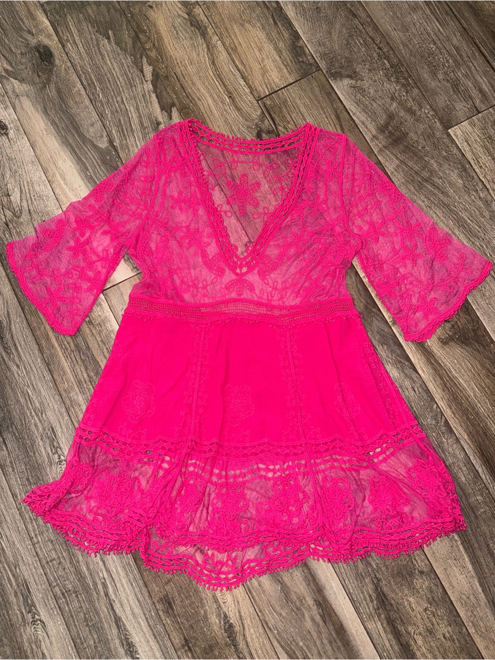 Sheer Hot Pink Lace Swim Coverup Tunic